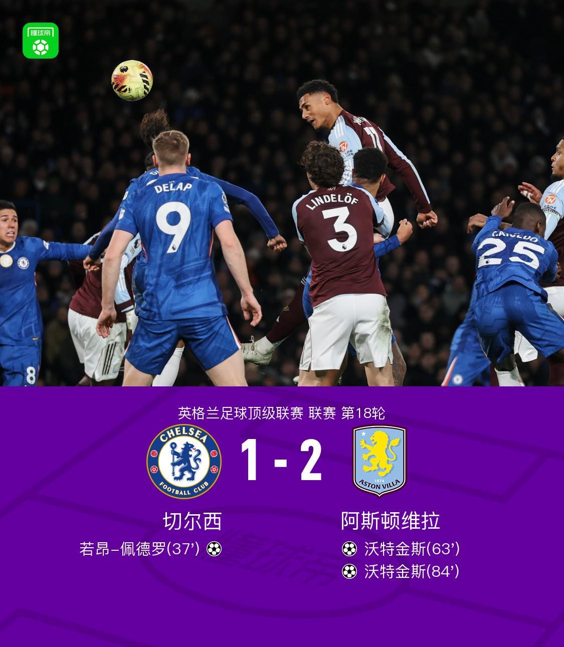 剑南春｜切尔西1-2维拉，沃特金斯双响，佩德罗破门，马特森逃点